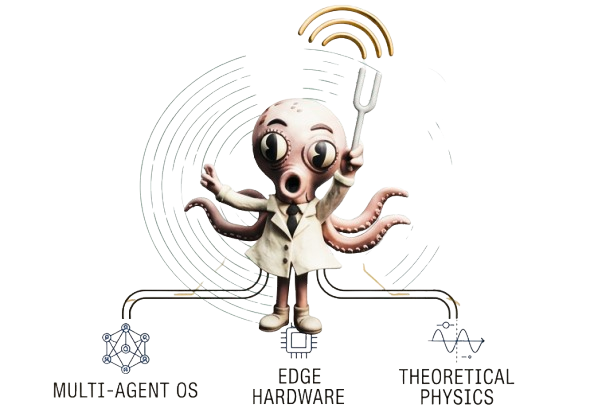 Octopus researcher holding a tuning fork with multi-agent OS, edge hardware, and theoretical physics icons